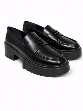 Coach Leah Platform Loafers Black Leather Lug Sole Women’s Size 9.5